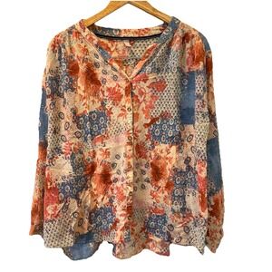 Anthropologie Patchwork Floral Button-Down Blouse in Blue, Rust, Cream